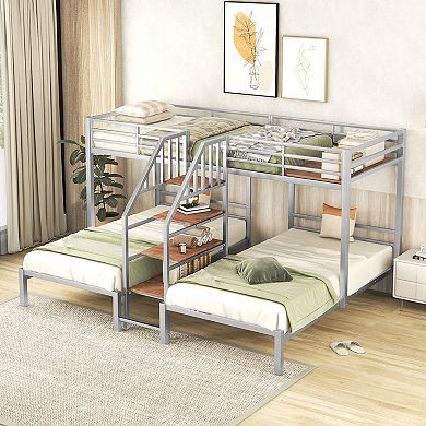 Merax Triple Bunk Bed With Storage Shelves Staircase