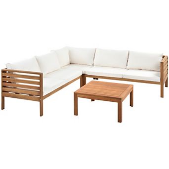 Merax Wood Structure Outdoor Sofa Set with Beige Cushions