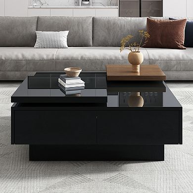 Modern Square Wood Coffee Table, Movable Top Coffee Table,