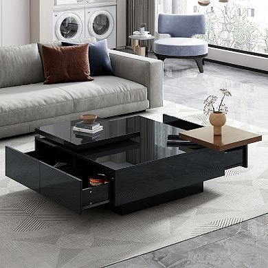 Modern Square Wood Coffee Table, Movable Top Coffee Table,