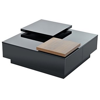 Modern Square Wood Coffee Table, Movable Top Coffee Table,