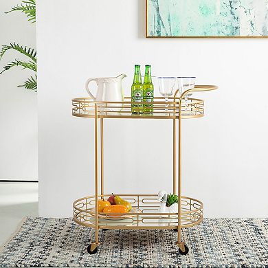 Glitzhome Oval Bar Cart With 4 Wheels 2-tier