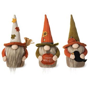 Glitzhome Set Of 3 Fall Fabric Gnome Doll Elf Standing Table Decor, 13”h