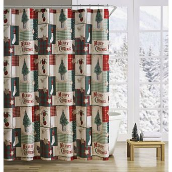 Kate Aurora Merry Christmas Evergreens and Ornaments Plaid Farmhouse Fabric Shower Curtain