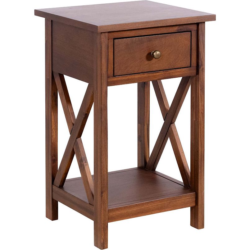 Wooden nightstand with one drawer and lower shelf, brown finish