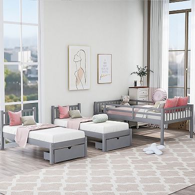 Merax Full Over Twin & Twin Bunk Bed, Wood Triple Bunk Bed With Drawers And Guardrails