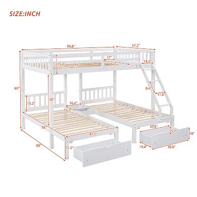 Merax Full Over Twin & Twin Bunk Bed, Wood Triple Bunk Bed With Drawers And Guardrails
