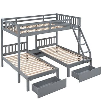 Merax Full Over Twin & Twin Bunk Bed, Wood Triple Bunk Bed With Drawers And Guardrails