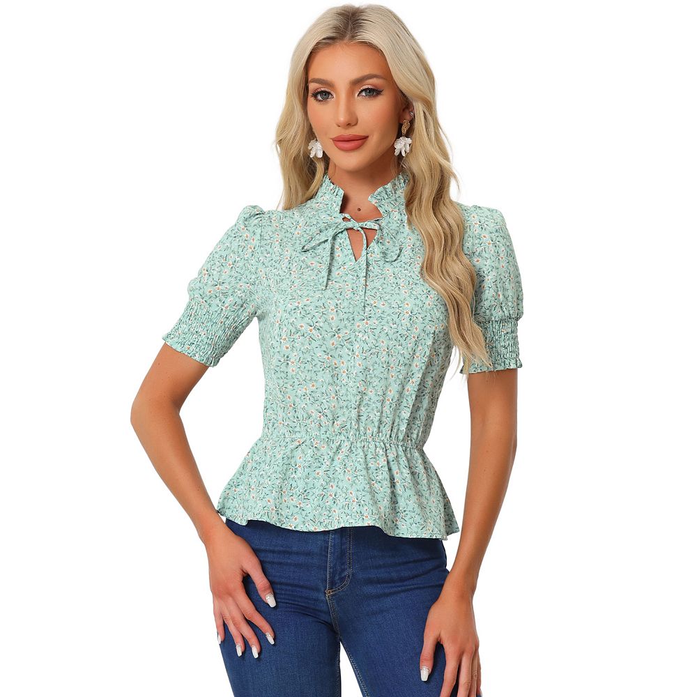 Women Green Floral V Neck Peplum Top With Pants main image 1