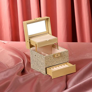 3 Layer Jewelry Box With Mirror Sequins Jewelry Case Storage Display Holder