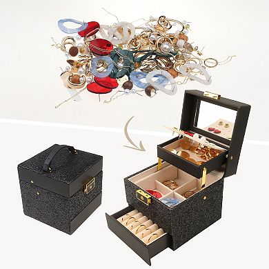 3 Layer Jewelry Box With Mirror Sequins Jewelry Case Storage Display Holder