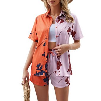 Women 2 pc Outfits Cotton Linen Set For Summer Long Sleeve Button Down Shirt And Shorts