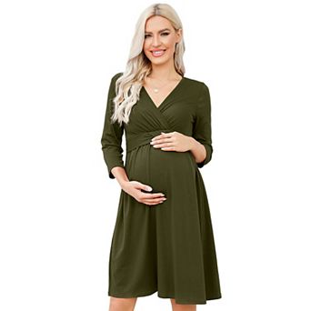 Women's Casual Ruffle Maternity Dress V Neck Nursing 3/4 Sleeve A Line Party Midi Dress