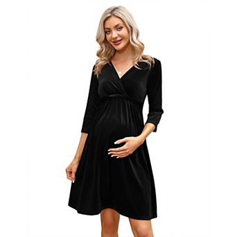 Women's Casual Ruffle Maternity Dress V Neck Nursing 3/4 Sleeve A Line Party Midi Dress