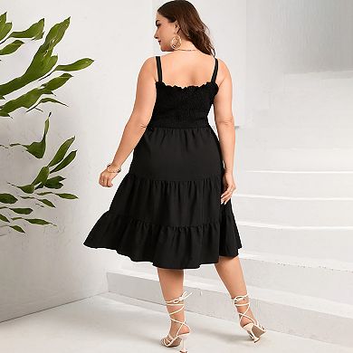 Plus Size Summer Dresses Women’s Sleeveless Square Neck Smocked Flowy Ruffle A Line Maxi Dress