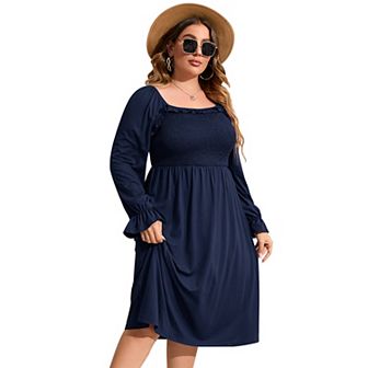 Women's Plus Size Ruffle Long Sleeve Dress Square Neck High Waist Smocked Tunic Maxi Dress