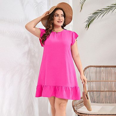 Women's Plus Size Babydoll Mini Dress Flutter Sleeve Flowy Shift Short Dress