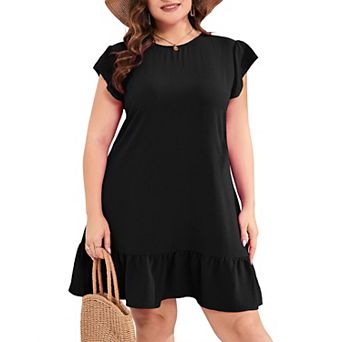 Women's Plus Size Babydoll Mini Dress Flutter Sleeve Flowy Shift Short Dress