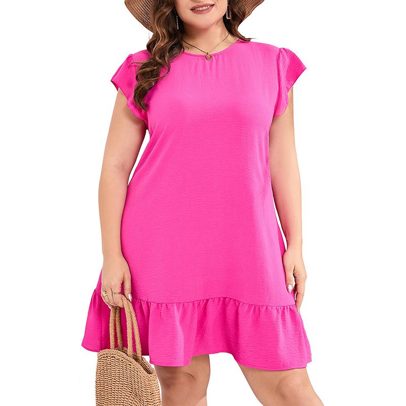 Women's Plus Size Babydoll Mini Dress Flutter Sleeve Flowy Shift Short Dress