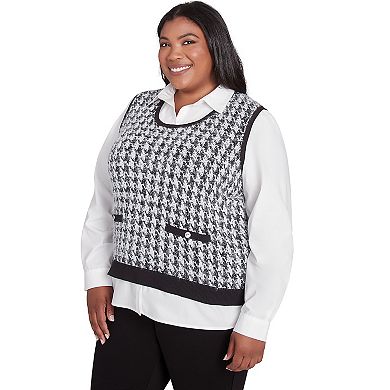 Plus Size Alfred Dunner Collared Houndstooth Vest Twofer