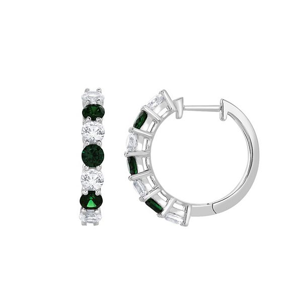 Gemstone Brilliance Sterling Silver Gemstone & Lab-Created White Sapphire Hoop Earrings - Simulated Emerald