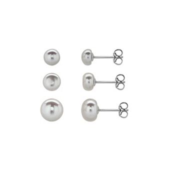 Gemstone Brilliance 3-Pair Sterling Silver Freshwater Cultured Pearl Stud Earring Set