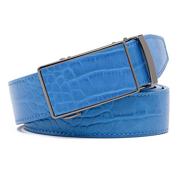 Men's Genuine Leather Crocodile Design Dress Belt with Automatic Buckle - Blue