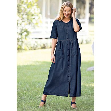 Woman Within Plus Size Petite Short-Sleeve Denim Dress