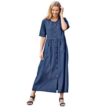 Woman Within Plus Size Petite Short-Sleeve Denim Dress