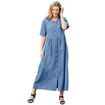 Woman Within Plus Size Petite Short-Sleeve Denim Dress
