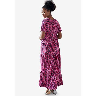 ellos Plus Size Short Sleeve Tiered Maxi Dress