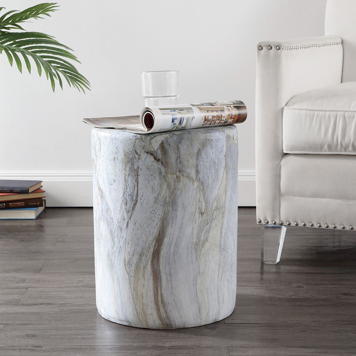 Faux marble column accent table with swirled marble design