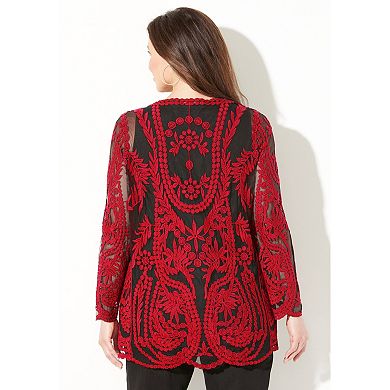 Catherines Women's Plus Size Embroidered Mesh Top