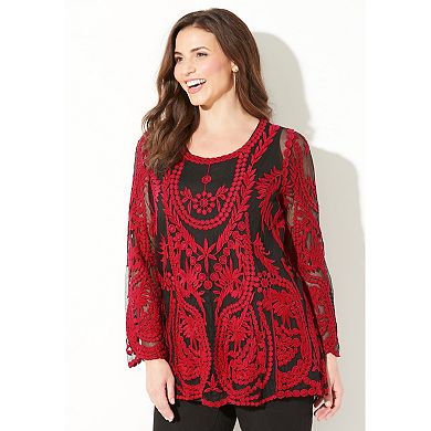 Catherines Women's Plus Size Embroidered Mesh Top