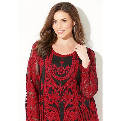 Catherines Women's Plus Size Embroidered Mesh Top
