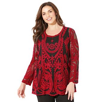 Catherines Women's Plus Size Embroidered Mesh Top