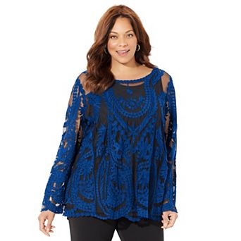 Catherines Women's Plus Size Embroidered Mesh Top