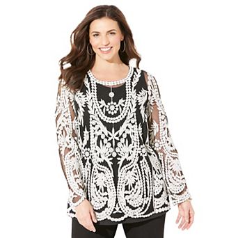 Catherines Women's Plus Size Embroidered Mesh Top