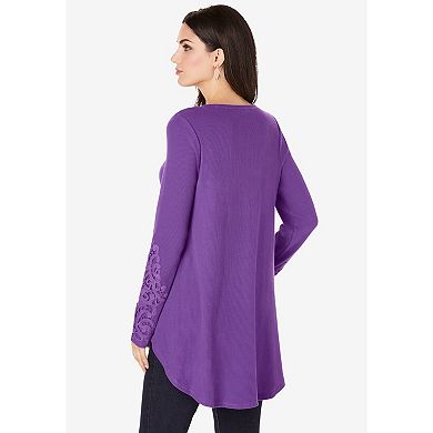 Roaman's Women's Plus Size Plus Size Knit Thermal Lace Trim Tunic Long Sleeve
