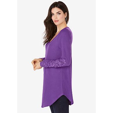 Roaman's Women's Plus Size Knit Thermal Lace Trim Tunic Long Sleeve
