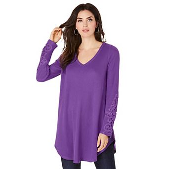 Roaman's Women's Plus Size Plus Size Knit Thermal Lace Trim Tunic Long Sleeve