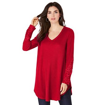 Roaman's Women's Plus Size Plus Size Knit Thermal Lace Trim Tunic Long Sleeve