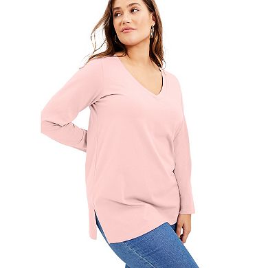 June & Vie Women's Plus Size Long-Sleeve V-Neck One + Only Tunic