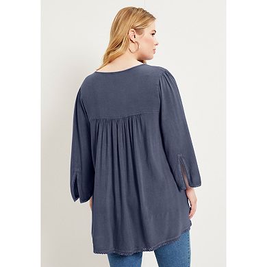 June + Vie Women's Plus Size Acid Wash Peasant Blouse