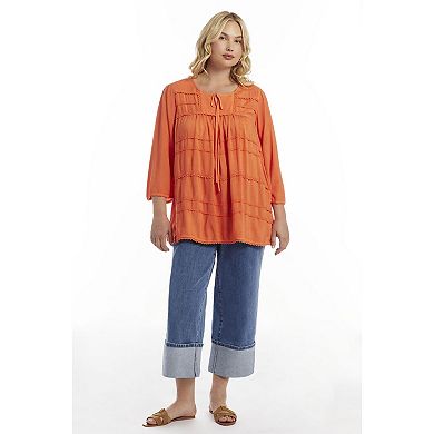 June & Vie Women's Plus Size Acid Wash Peasant Blouse