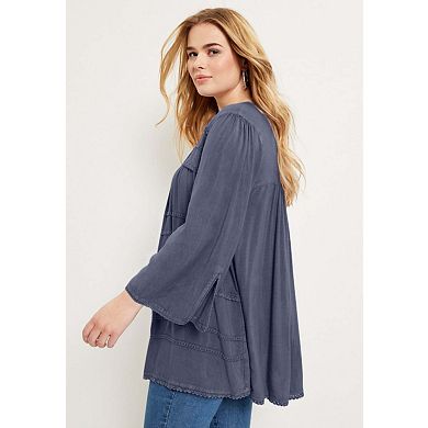June & Vie Women's Plus Size Acid Wash Peasant Blouse