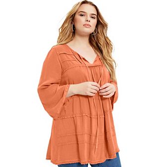 June + Vie Women's Plus Size Acid Wash Peasant Blouse