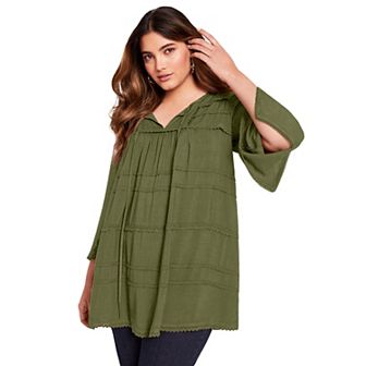 June + Vie Women's Plus Size Acid Wash Peasant Blouse