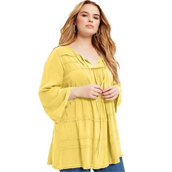 June + Vie Women's Plus Size Acid Wash Peasant Blouse