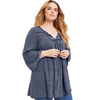 June + Vie Women's Plus Size Acid Wash Peasant Blouse